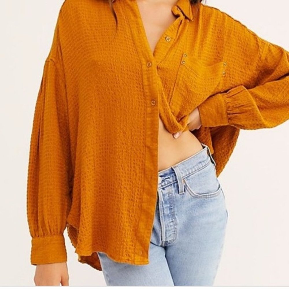 NWT Free People Hidden Valley Button Down Blouson Sleeve Top XS Autumn Pearl